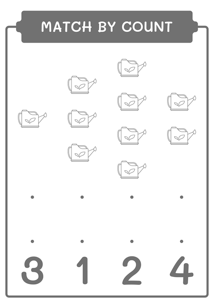Match by count of Watering can game for children Hoja de trabajo imprimible de ilustración vectorial