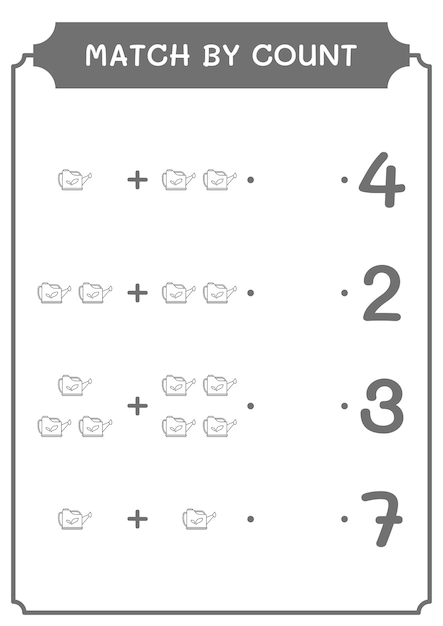 Match by count of Watering can game for children Hoja de trabajo imprimible de ilustración vectorial