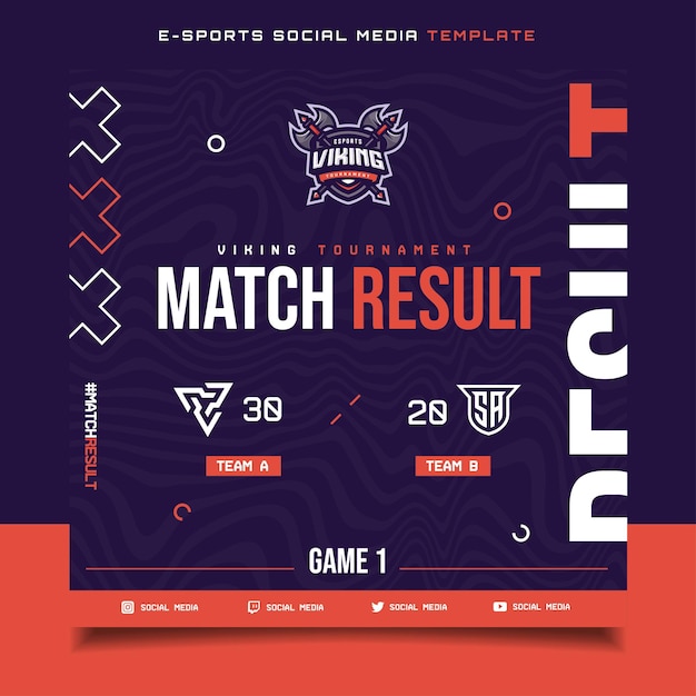 Match result plantilla de banner de juegos de deportes electrónicos para volante de redes sociales con logotipo