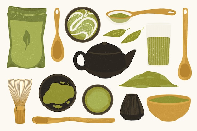 Matcha de dibujos animados Polvo de té verde en cuenco de cerámica Concepto tradicional de la ceremonia del té japonés con hojas de matcha de la tetera y batido Conjunto aislado vectorial