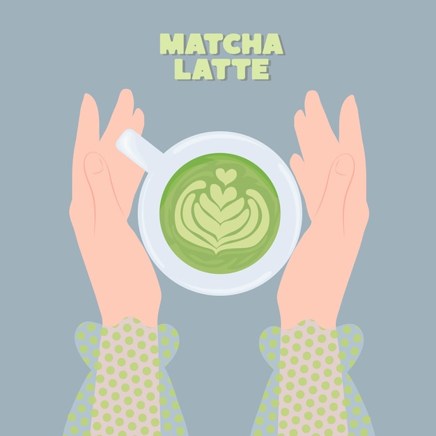 Vector matcha latte en una taza en manos femeninas concepto de comida sana