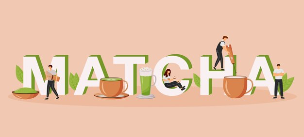 Matcha word conceptos banner de color plano. latte de té verde. bebida oriental cafeteria japonesa. tipografía aislada con pequeños personajes de dibujos animados. ilustración creativa de coffeeshop en beige