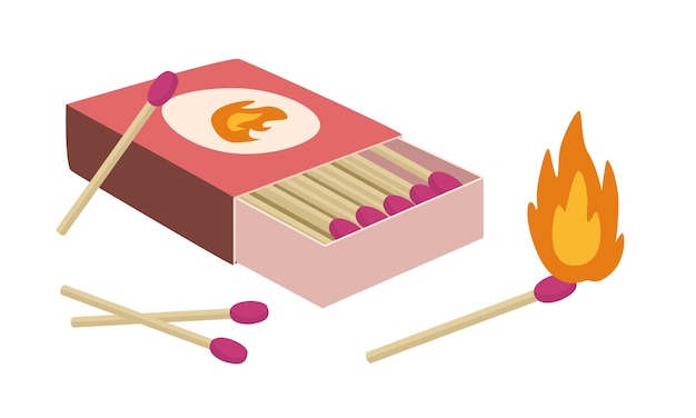 Matches and matchbox vector Burning match clipart Fire source Flat vector in cartoon style
