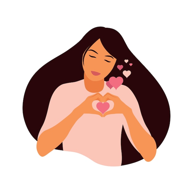 Ámate a ti mismo concepto. Niña haciendo el símbolo del corazón de la mano con los dedos que expresan amor y aceptación. vector plano.