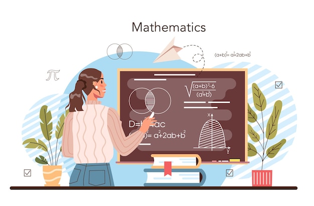 Materia de la escuela de matemáticas. Estudiantes que estudian matemáticas y álgebra. Ciencia, tecnología, educación en ingeniería. Idea de conocimiento académico moderno. Ilustración de vector plano aislado