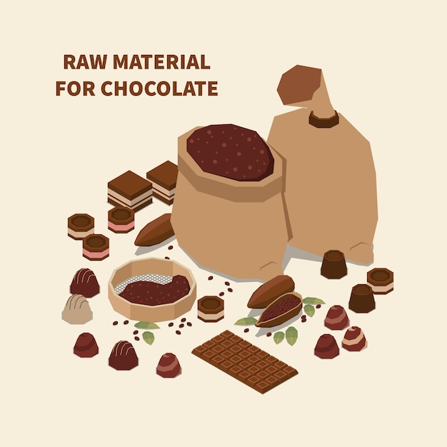 Materia prima isométrica para ilustración de chocolate