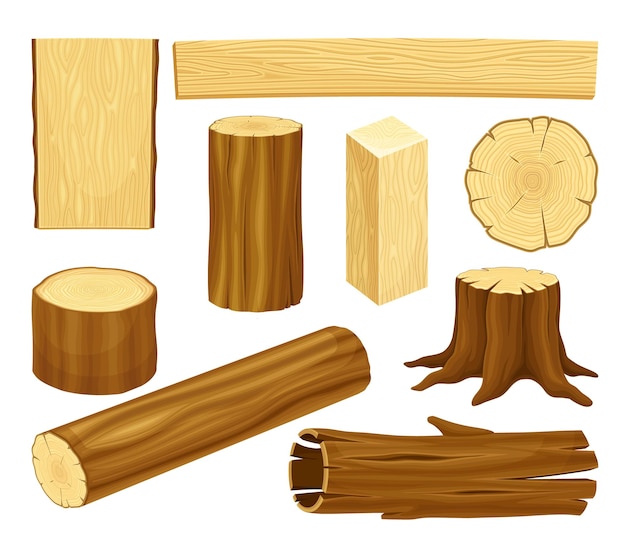 Material de madera con tronco de árbol de tronco y conjunto vectorial de tablas