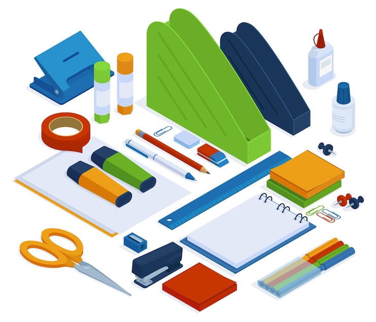 Vector material de oficina. herramientas de papelería isométrica, grapadora, regla, tijeras y cinta, conjunto de ilustración de vector de papelería escolar o de oficina 3d. herramientas de oficina isométricas lápiz y suministros, escuela y oficina.