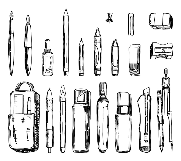 Material de papelería escolar colección de bocetos Conjunto de utensilios de escritura artículos de oficina Ilustraciones vectoriales dibujadas a mano Volver a la escuela cliparts aislados en blanco