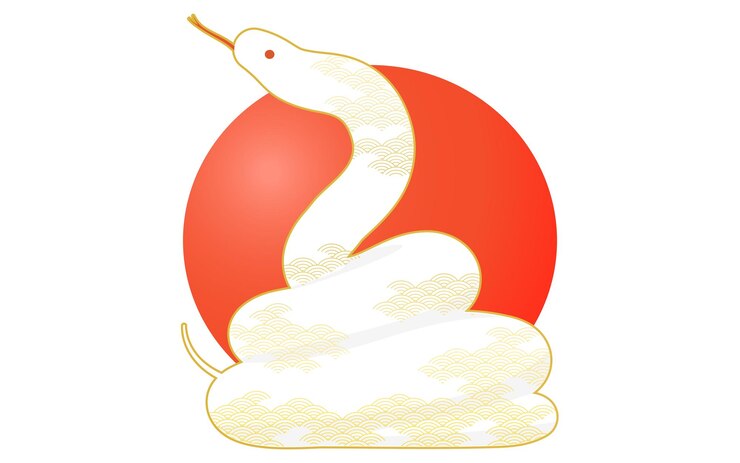 Vector material de la tarjeta de año nuevo para el año de la serpiente 2025 con una serpiente enrollada y el sol