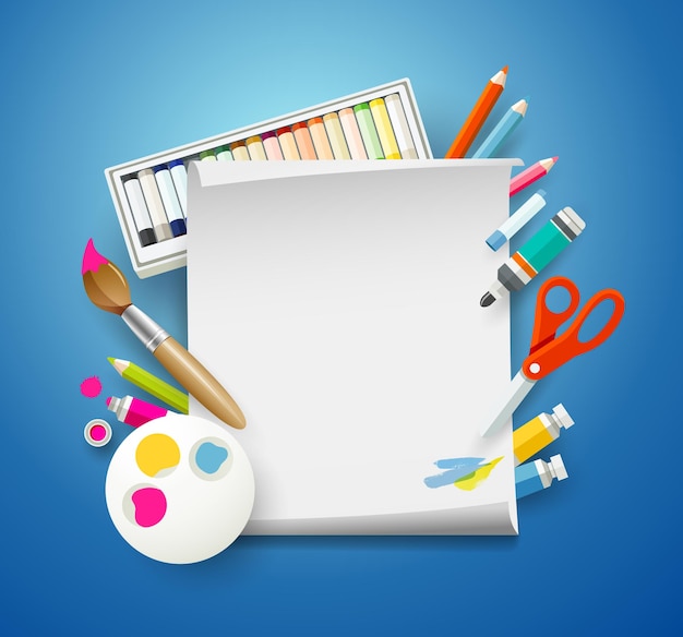 Materiales de arte y papel blanco vacío.