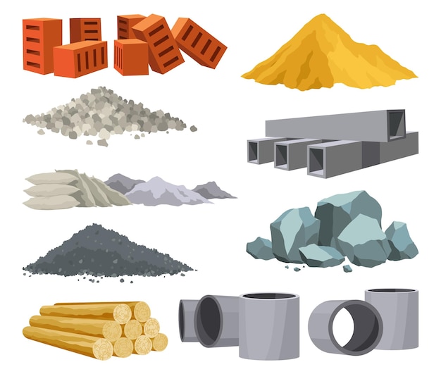 Materiales de construcción Concepto de construcción Las ilustraciones pueden usarse para sitios de construcción o ilustrar trabajos de renovación Tablones de ladrillos Conjunto de vectores de tubos de arena y piedra de metal