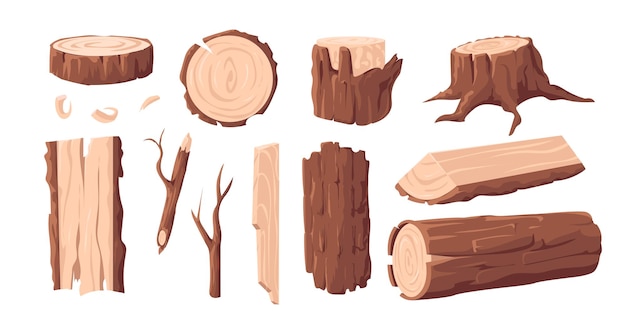 Materiales de madera Tronco de madera de dibujos animados y tronco de árbol Tablón de madera y tocón con corteza y ramas Tablero de construcción forestal Conjunto de elementos de aserradero aislado Pila de productos de carpintería vectorial