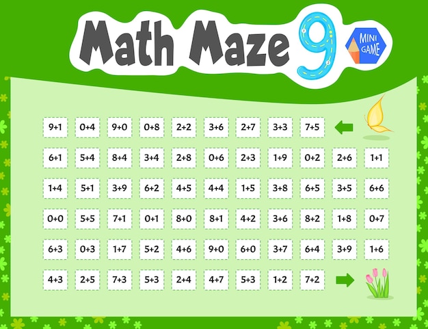 Math maze es un minijuego para niños. estilo de dibujos animados. ilustración vectorial.