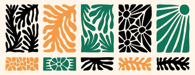 Matisse formas de plantas doodle orgánicas flores abstractas y hojas formas establecidas estilo minimalista de moda póster contemporáneo o fondo ilustración vectorial botánica