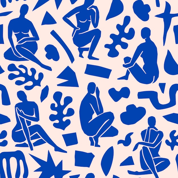 Matisse inspiró el arte abstracto de patrones sin fisuras con figura femenina y formas orgánicas en un estilo minimalista de moda. Vector