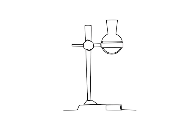 Un matraz aforado en la abrazadera Dibujo oneline del equipo de laboratorio