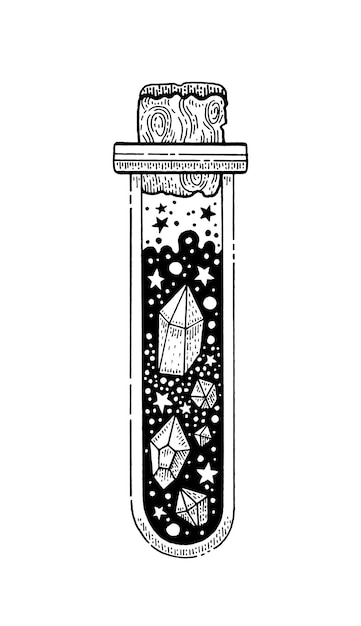 Matraz mágico con poción de cristal botella de alquimia vectorial fondo de luna de brujería de fantasía ilustración de icono tarro de mago tatuaje vintage patrón de silueta de boticario doodle lunar arte lineal bohemio