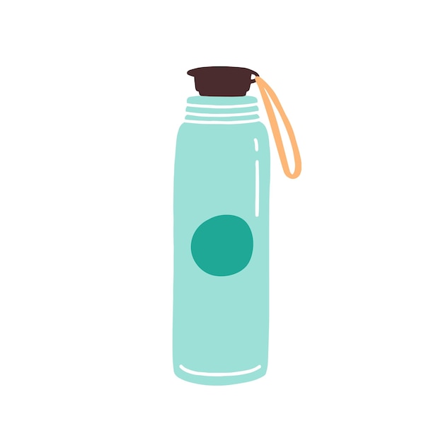 Matraz termo al vacío con tapa y mango ilustración plana vectorial. Botella duradera y reutilizable para agua aislada en blanco. Termo ecológico y ecológico con elementos de diseño.