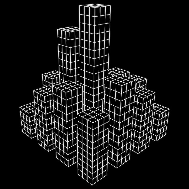 Matriz de cubos de malla de alambre de baja poli como ciudad rascacielos. Líneas conectadas. Estructura de la caja de conexión. Concepto de visualización de datos digitales. Ilustración de vector.