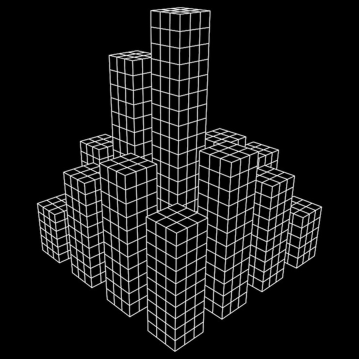 Vector matriz de cubos de malla de alambre de baja poli como ciudad rascacielos. líneas conectadas. estructura de la caja de conexión. concepto de visualización de datos digitales. ilustración de vector.