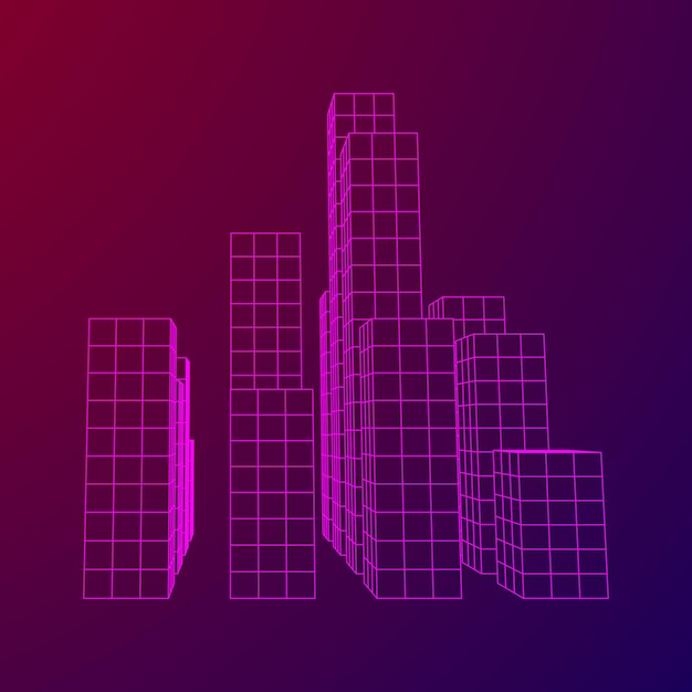 Matriz de cubos de malla de alambre de baja poli como ciudad rascacielos. Líneas conectadas. Estructura de la caja de conexión. Concepto de visualización de datos digitales. Ilustración de vector.