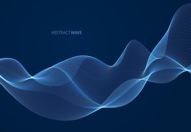 Matriz de malla de partículas 3d, onda de sonido que fluye sobre fondo oscuro. Ilustración de efecto de vector de puntos brillantes. Malla combinada, estilo de tecnología futurista 3d.