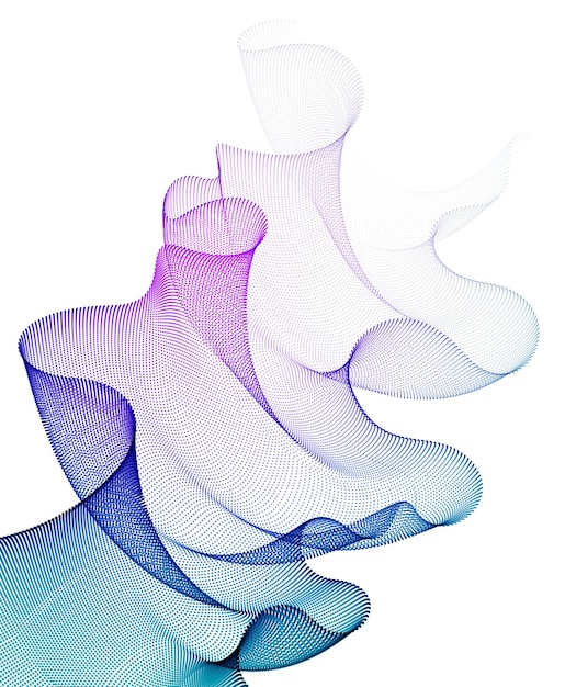 Matriz de malla de partículas 3d, onda de sonido que fluye, textil de tul transparente en el viento. Ilustración de efecto de vector de puntos redondos. Malla mezclada, papel tapiz calmante y relajante.