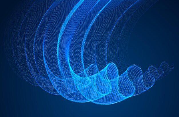 Vector matriz de partículas mágicas que fluyen sobre tela de tul transparente de onda oscura y dinámica en el viento. ilustración vectorial 3d. puntos redondos de malla, hermosa ilustración de fondo de pantalla relajante.