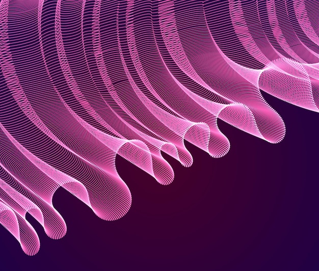 Matriz de partículas mágicas que fluyen sobre tela de tul transparente de onda oscura y dinámica en el viento. Ilustración vectorial 3d. Puntos redondos de malla, hermosa ilustración de fondo de pantalla relajante.