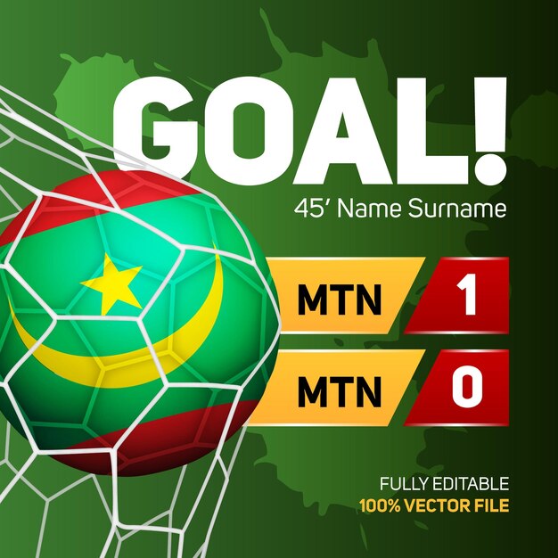 Mauritania bandera fútbol fútbol pelota maqueta puntuación gol marcador banner 3d vector ilustración