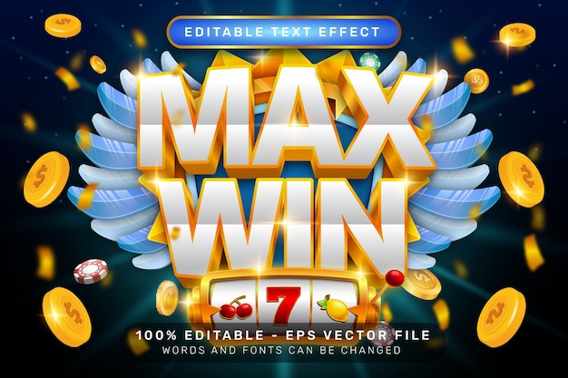 max win 3d efecto de texto y efecto de texto editable con ilustración de máquina tragamonedas y fondo claro