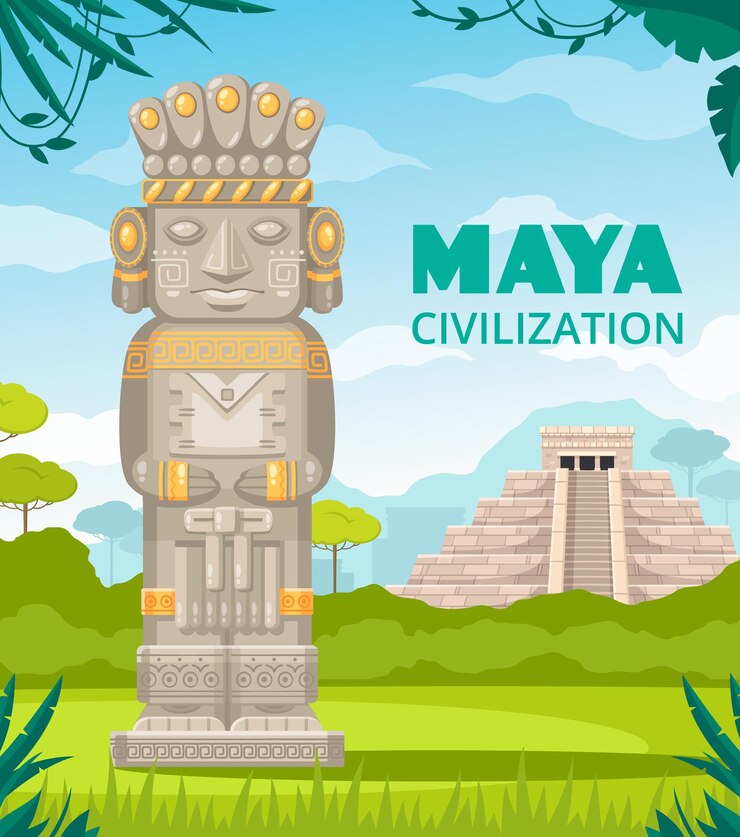 Vector maya civilización antigua cultura monumentos arquitectónicos escalera templo gobernantes deidad escultura al aire libre composición de dibujos animados ilustración