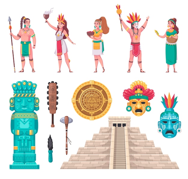 Vector maya civilización antigua monumentos arquitectónicos escalera templo escultura artefactos personas dibujos animados conjunto aislado vector ilustración vector ilustración