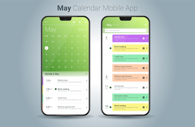 Mayo calendario aplicación móvil luz ui vector