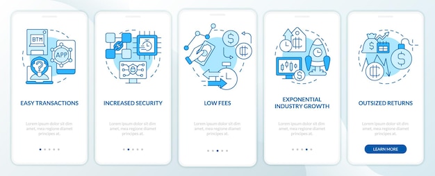 Las mayores ventajas de las criptomonedas pantalla de la aplicación móvil de incorporación azul Tutorial 5 pasos páginas de instrucciones gráficas con conceptos lineales UI UX Plantilla de GUI Myriad ProBold Fuentes regulares utilizadas