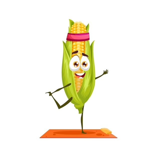 Mazorca de maíz en el personaje de dibujos animados de la banda deportiva en yoga pilates estirando la comida de los niños sonrientes divertidos aislados. Vector de comida vegetariana en colchoneta deportiva, equilibrando el emoticon cómico kawaii, bocadillo dulce de maíz