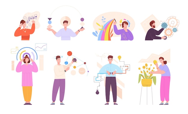 Mbti Persona psicología tipo gente creativa mentalidad diferente resolver problema individualidad proceso mental comportamiento humano mente dibujos animados carácter plano espléndida ilustración vectorial