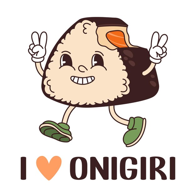 Me encanta el cartel de onigiri evento de comida japonesa retro groovy triángulo de arroz vector sonriente