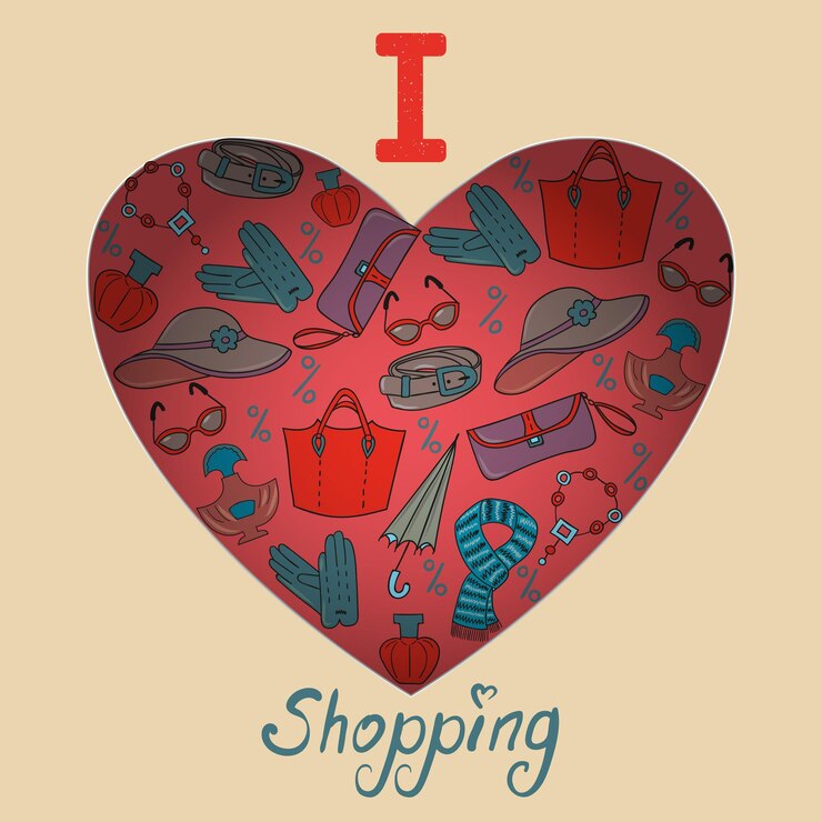 Vector me encanta comprar ilustraciones vectoriales accesorios para mujeres diseño de bolsas de compras fondo de moda