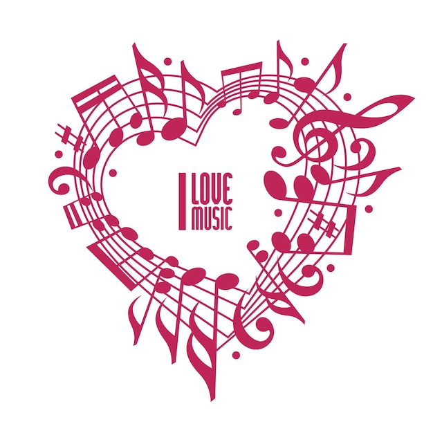 Me encanta el concepto de música, el diseño de un solo color. Corazón hecho con notas musicales y clave, diseño en blanco y negro, contiene espacio de copia dentro de su texto, plantilla de diseño de vector de tema musical.
