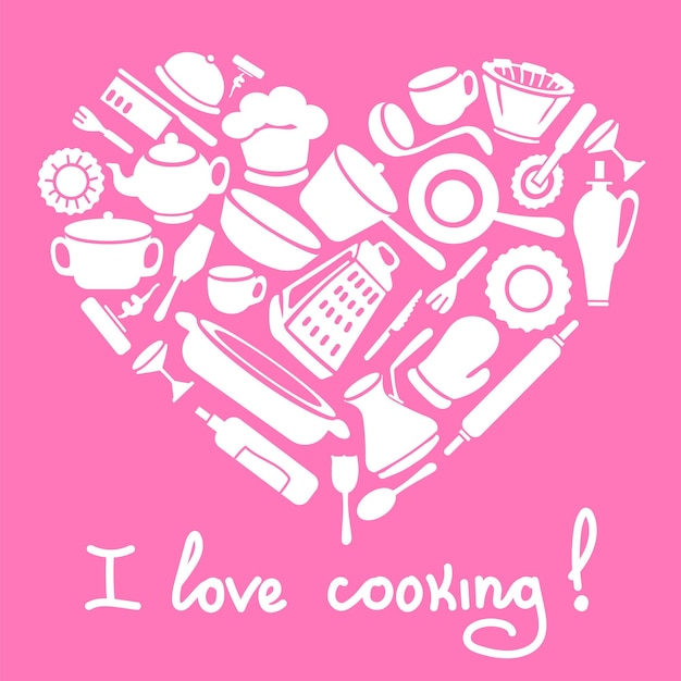 Me encanta el concepto de póster de cocina herramientas para hornear en forma de corazón póster con utensilios de cocina dibujados a mano inscripción me encanta cocinar sobre un fondo rosa xdxa