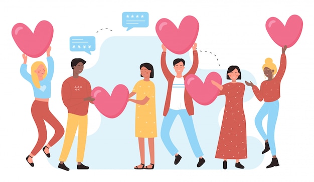 Vector me encanta el concepto de redes sociales con personas y corazones. me gusta personaje plano