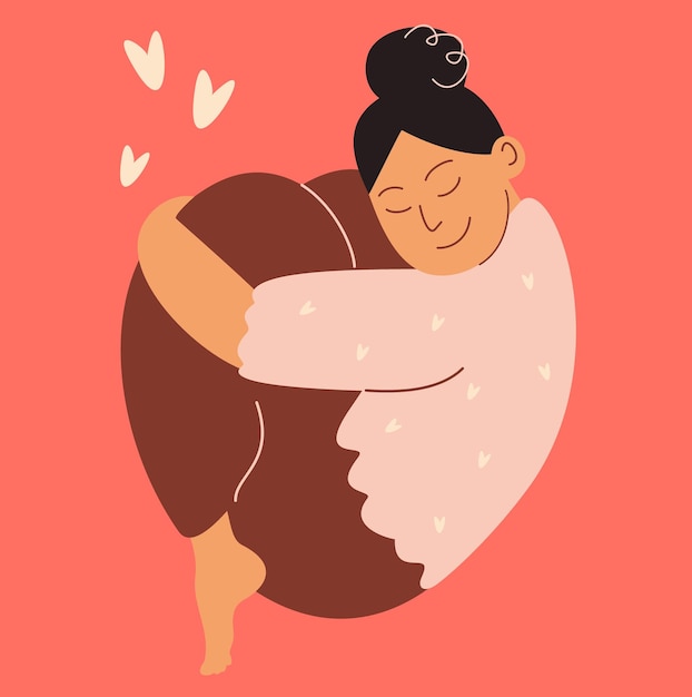 Me encanta el concepto de tu cuerpo. Cuerpo movimiento positivo y diversidad de belleza. Mujer joven abrázate.