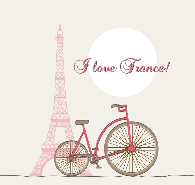 Vector me encanta francia texto con torre eiffel y bicicleta