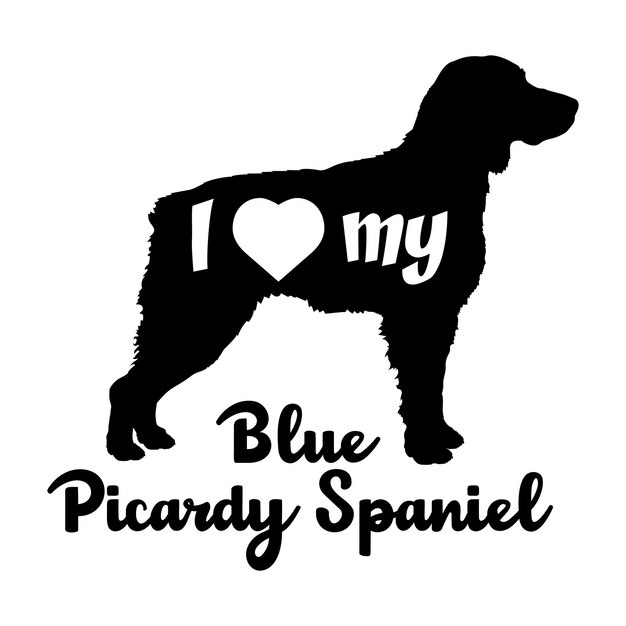 Me encanta mi Blue Picardy Spaniel silueta de perro razas de perro logotipo vector de monograma de perro