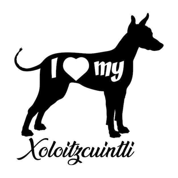 Me encanta mi Xoloitzcuintli Xoloitzkuintli silueta de perro rasas de perro logotipo vector de monograma de perro