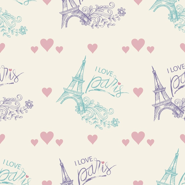 Me encanta París - Corazones y elementos florales de la Torre Eiffel - Diseño dibujado a mano