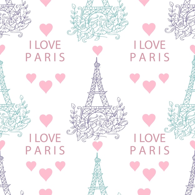 Me encanta París Patrón sin costuras con Torre Eiffel y corazones
