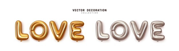 Me encanta el texto de palabras de globos de helio. Globos realistas de letras de amor, color dorado y plateado. Objeto de render 3d decorativo festivo. Decoración de celebración. Elemento de diseño romántico. ilustración vectorial